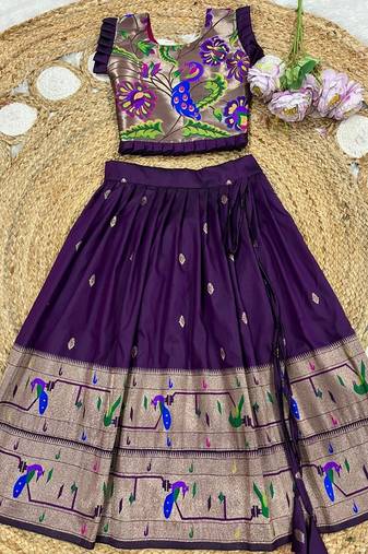 wine soft silk paithani design pattu pavadai for girls ethnic wear