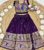 wine soft silk paithani design pattu pavadai for girls ethnic wear