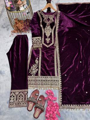 Purple velevt fabric designer embroidery work suit 5