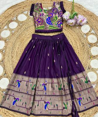 wine soft silk paithani design pattu pavadai for girls ethnic wear 2