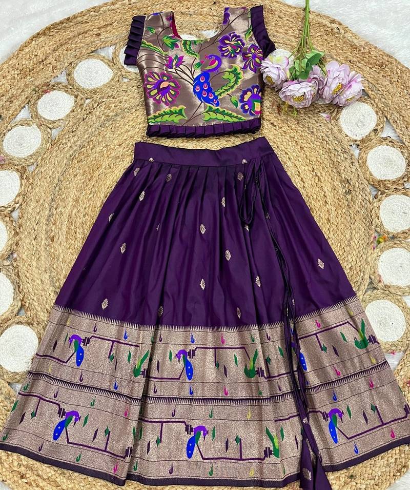 wine soft silk paithani design pattu pavadai for girls ethnic wear