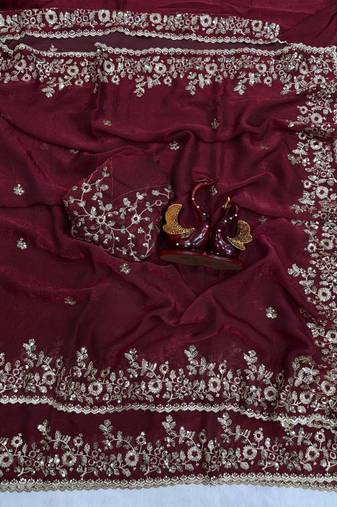 Maroon Color Embroidered Chiffon Saree