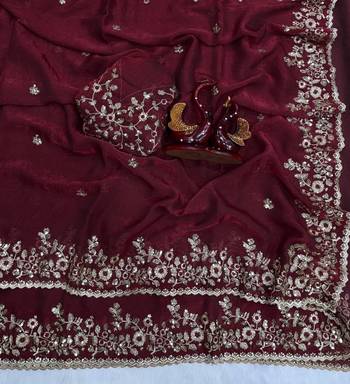 Maroon Color Embroidered Chiffon Saree 2