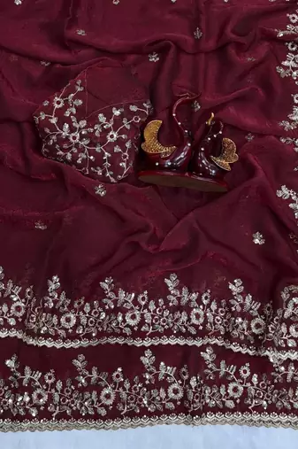 Maroon Color Embroidered Chiffon Saree