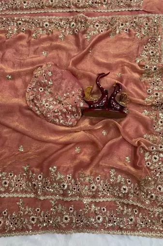 Peach Color Embroidered Chiffon Saree