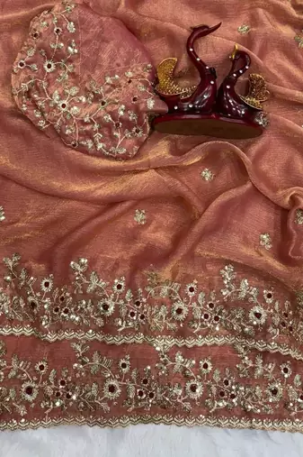 Peach Color Embroidered Chiffon Saree