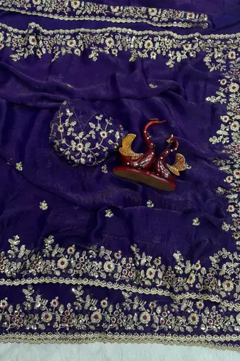Purple Color Embroidered Chiffon Saree
