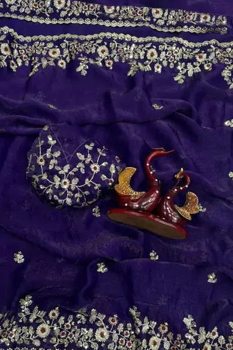 Purple Color Embroidered Chiffon Saree