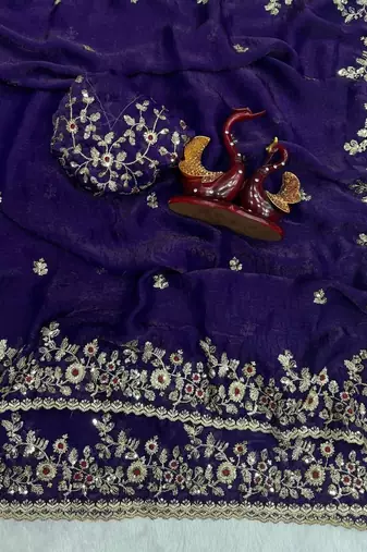 Purple Color Embroidered Chiffon Saree