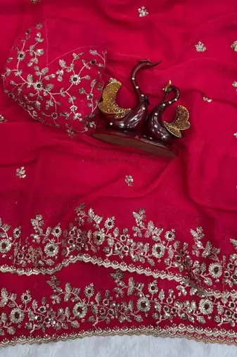 Rani Pink Color Embroidered Chiffon Saree