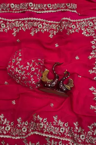 Rani Pink Color Embroidered Chiffon Saree