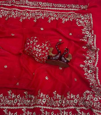 Red Color Embroidered Chiffon Saree 2
