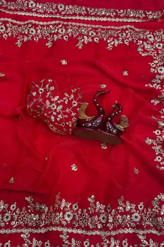 Red Color Embroidered Chiffon Saree
