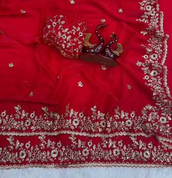 Red Color Embroidered Chiffon Saree 3