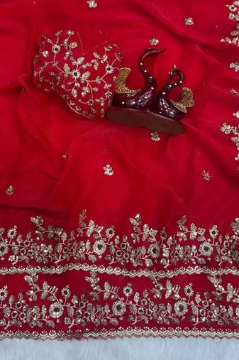 Red Color Embroidered Chiffon Saree