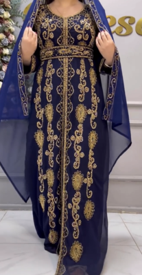 Elegant Navy Blue Embroidered Kaftan Dress with Golden Work     Party & Occasion Wear 1