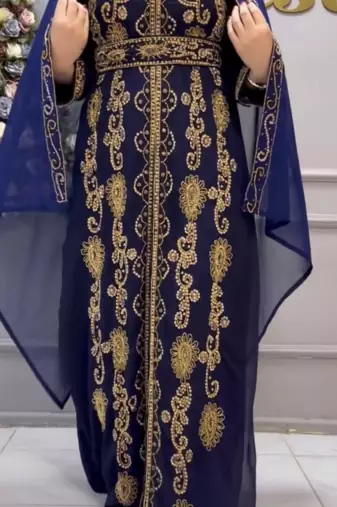 Elegant Navy Blue Embroidered Kaftan Dress with Golden Work     Party & Occasion Wear