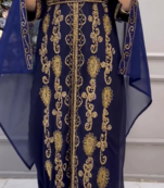 Elegant Navy Blue Embroidered Kaftan Dress with Golden Work     Party & Occasion Wear
