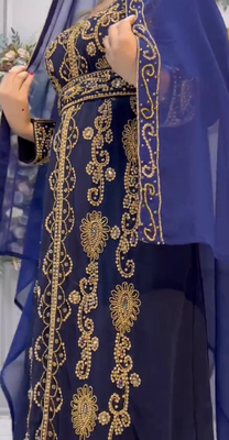 Elegant Navy Blue Embroidered Kaftan Dress with Golden Work     Party & Occasion Wear 2