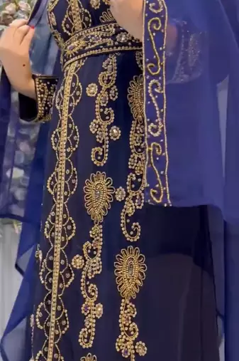 Elegant Navy Blue Embroidered Kaftan Dress with Golden Work     Party & Occasion Wear