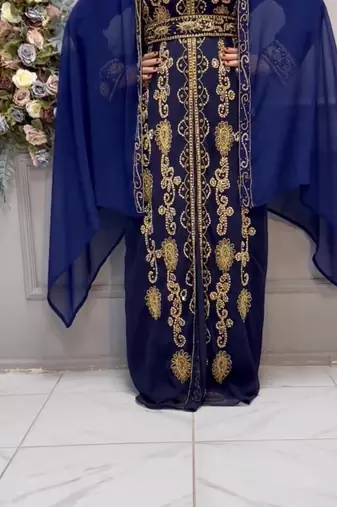 Elegant Navy Blue Embroidered Kaftan Dress with Golden Work     Party & Occasion Wear