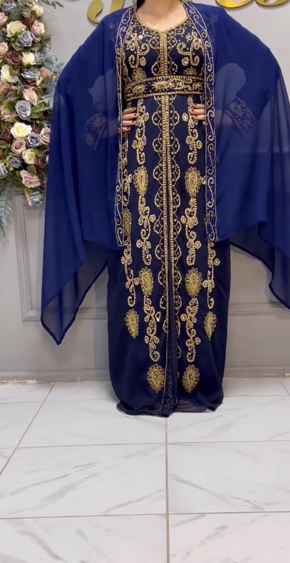 Elegant Navy Blue Embroidered Kaftan Dress with Golden Work     Party & Occasion Wear