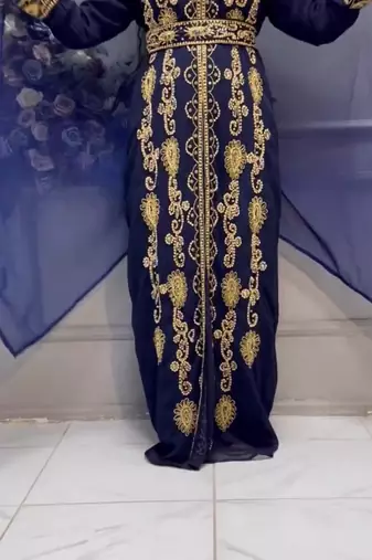Elegant Navy Blue Embroidered Kaftan Dress with Golden Work     Party & Occasion Wear