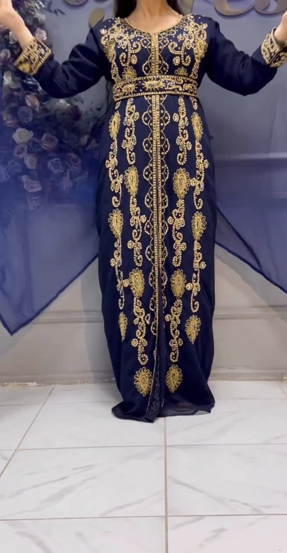 Elegant Navy Blue Embroidered Kaftan Dress with Golden Work     Party & Occasion Wear