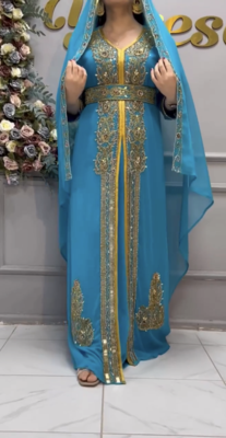  Sky Blue Moroccan Embroidered Stitched Kaftan with Dupatta     Wedding & Party Wear Dress 1