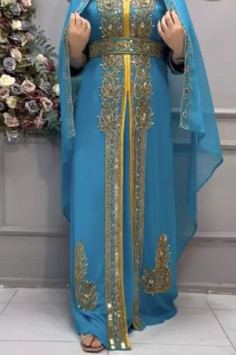  Sky Blue Moroccan Embroidered Stitched Kaftan with Dupatta     Wedding & Party Wear Dress