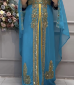 Sky Blue Moroccan Embroidered Stitched Kaftan with Dupatta     Wedding & Party Wear Dress