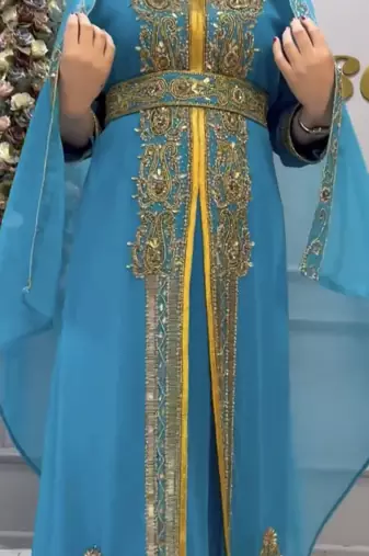  Sky Blue Moroccan Embroidered Stitched Kaftan with Dupatta     Wedding & Party Wear Dress
