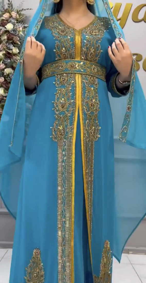  Sky Blue Moroccan Embroidered Stitched Kaftan with Dupatta     Wedding & Party Wear Dress