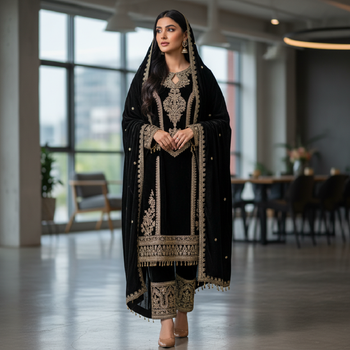 Black velevt fabric  embroidery work suit 1