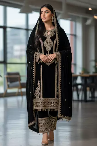 Black color velevt fabric designer embroidery work suit