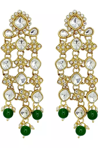 Gold-plated kundan green beads v-shaped necklace set with maang tikka