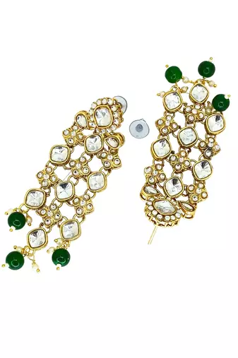 Gold-plated kundan green beads v-shaped necklace set with maang tikka