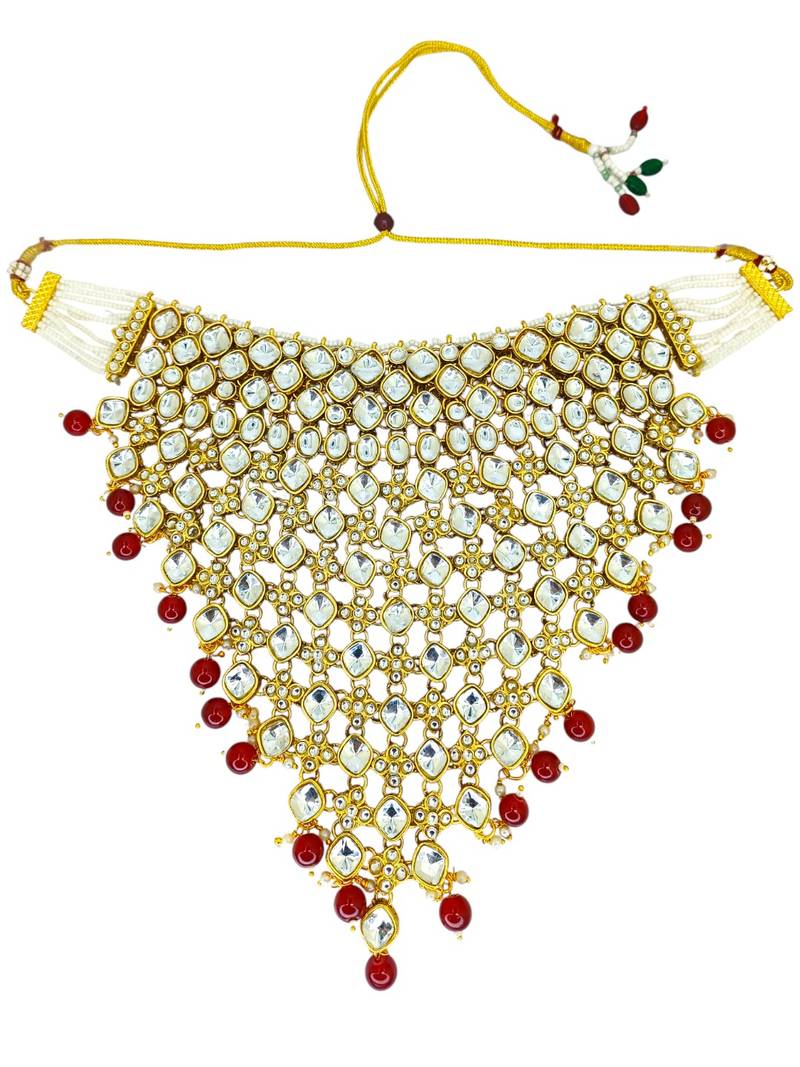 Gold-plated kundan maroon beads v-shaped necklace set with maang tikka