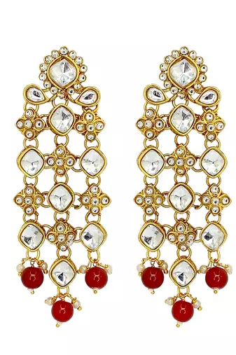 Gold-plated kundan maroon beads v-shaped necklace set with maang tikka