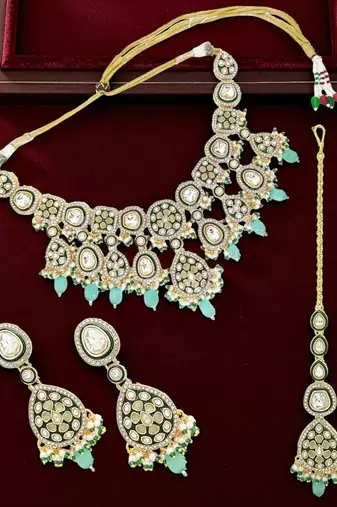 Gold plated green kundan meenakari necklace set