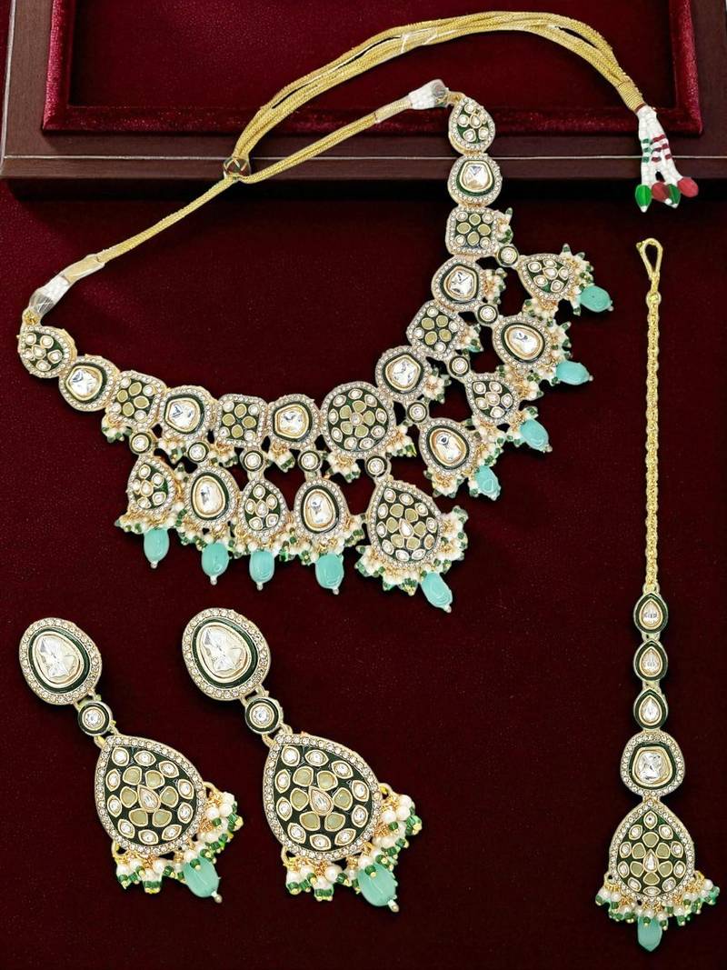 Gold plated green kundan meenakari necklace set