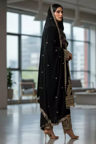 Black velevt fabric designer embroidery work suit