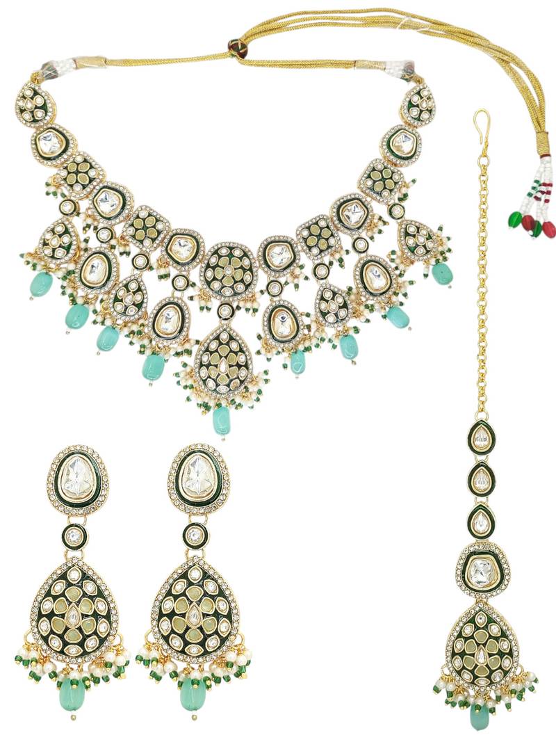 Gold plated green kundan meenakari necklace set
