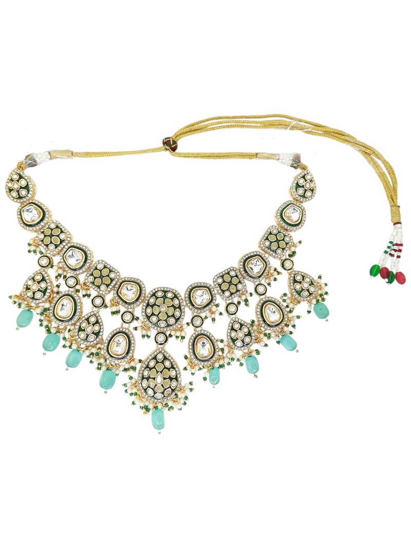 Gold plated green kundan meenakari necklace set