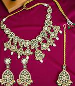 Gold plated green meenakari necklace set with maang tikka