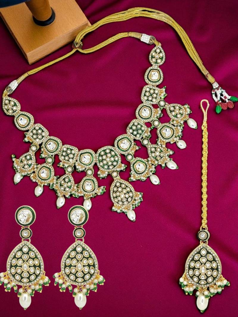Gold plated green meenakari necklace set with maang tikka