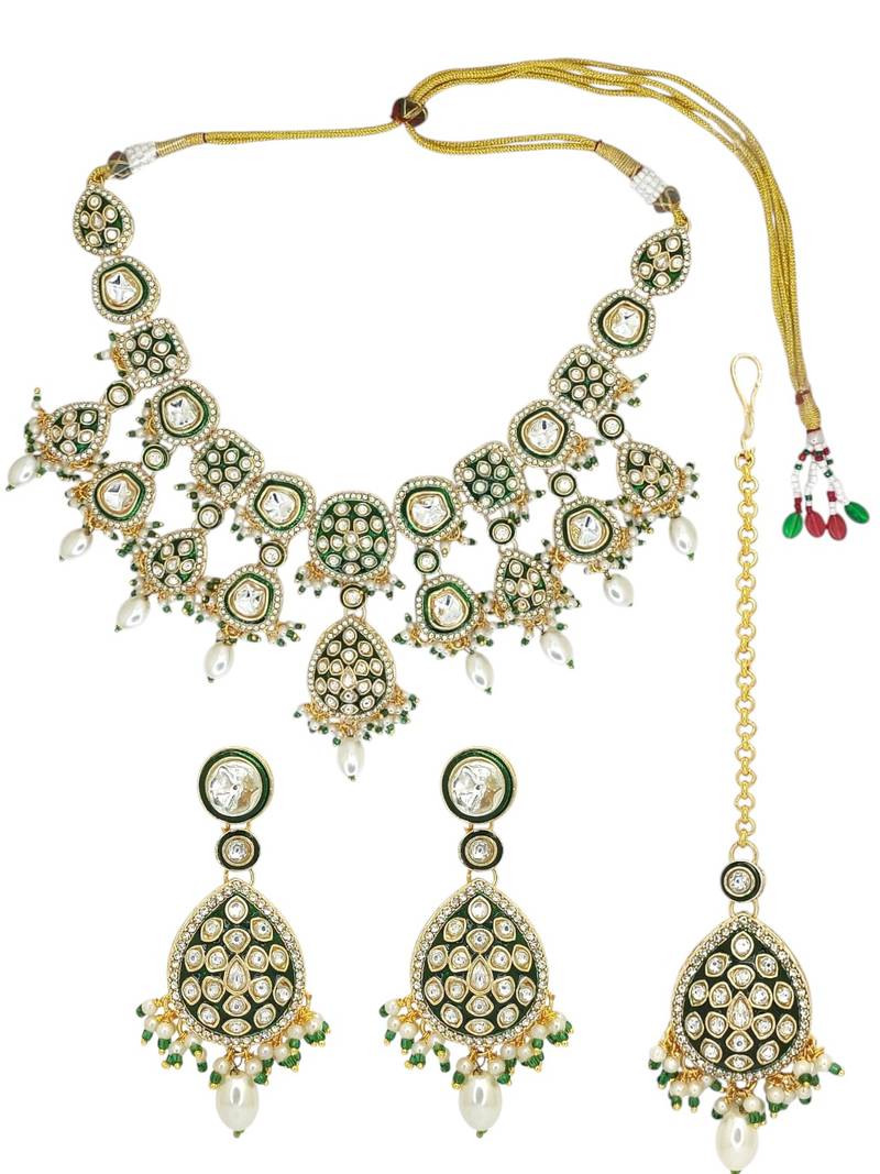 Gold plated green meenakari necklace set with maang tikka