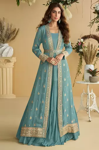 Sky blue embroidered Chinon Shrug Set