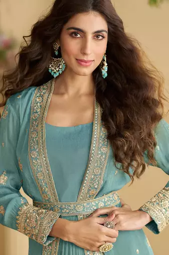 sky blue chinon embroidered anarkali set