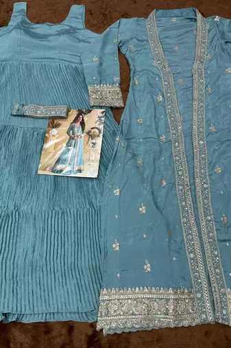 sky blue chinon embroidered anarkali set